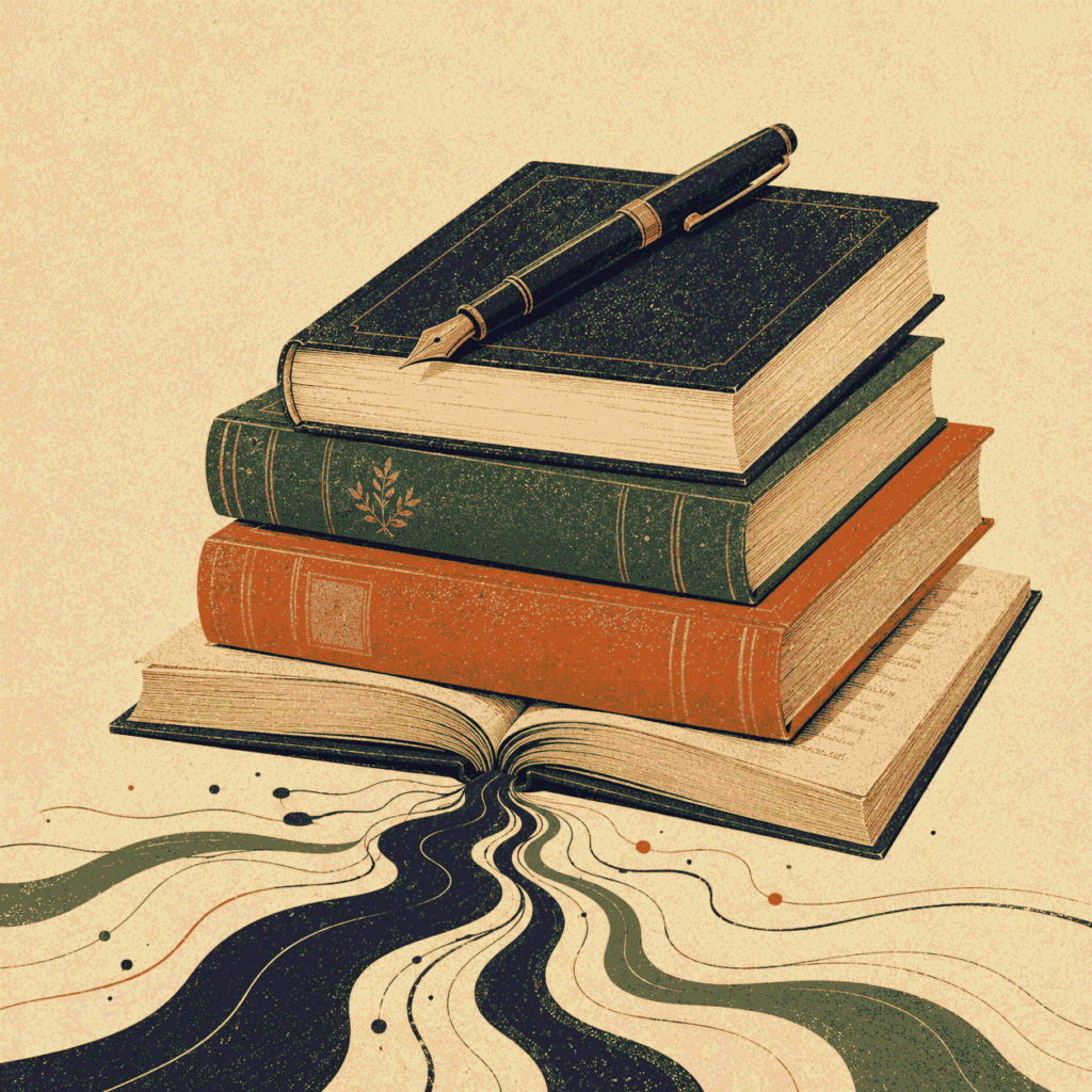 Books and writing editorial illustration showing stacked books and a fountain pen with flowing ink for Jotted Paper