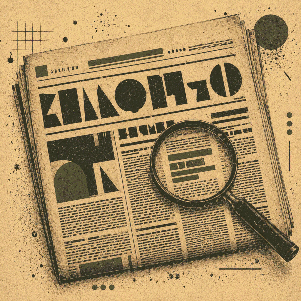 Current affairs editorial illustration showing a folded broadsheet newspaper with a magnifying glass for Jotted Paper