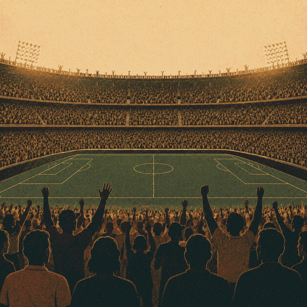 Sport and society editorial illustration showing a packed stadium with crowd silhouettes surrounding a geometric playing field for Jotted Paper