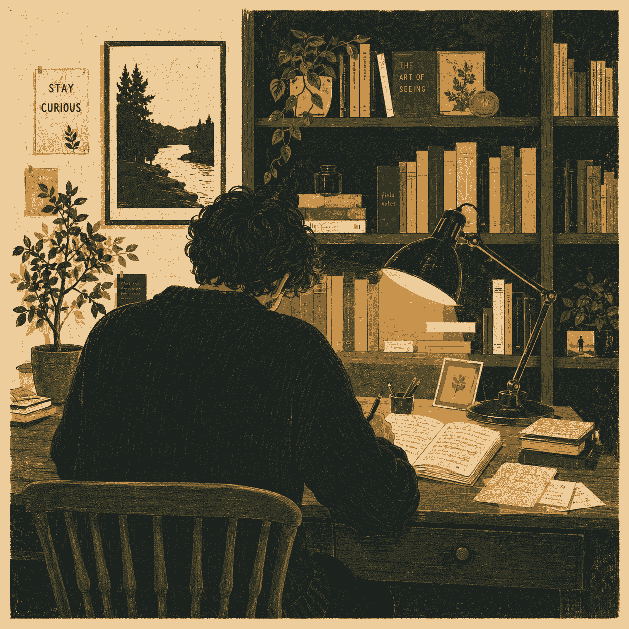 Jotted Paper writer Aaron Marshall at a wooden writing desk surrounded by bookshelves, seen from behind in warm lamplight
