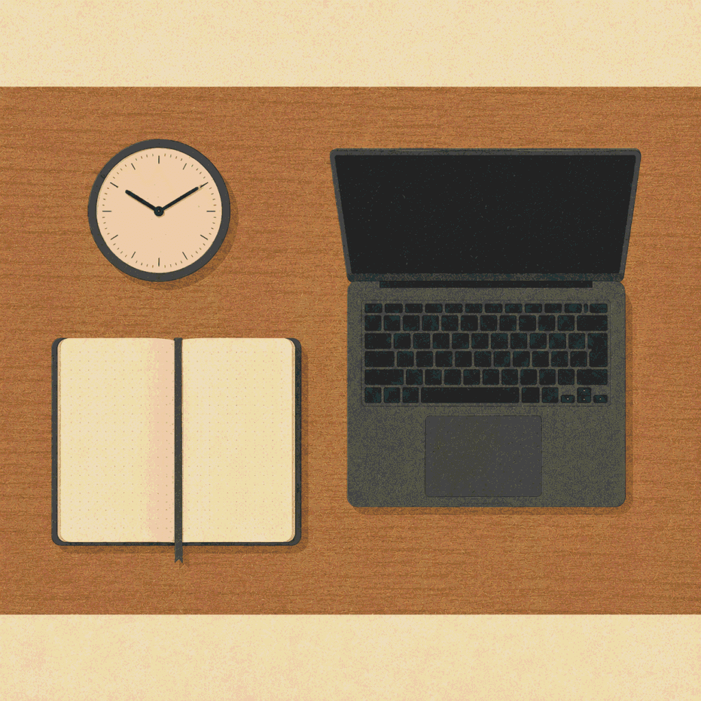 Productivity and technology editorial illustration showing a minimal desk setup with notebook clock and laptop for Jotted Paper