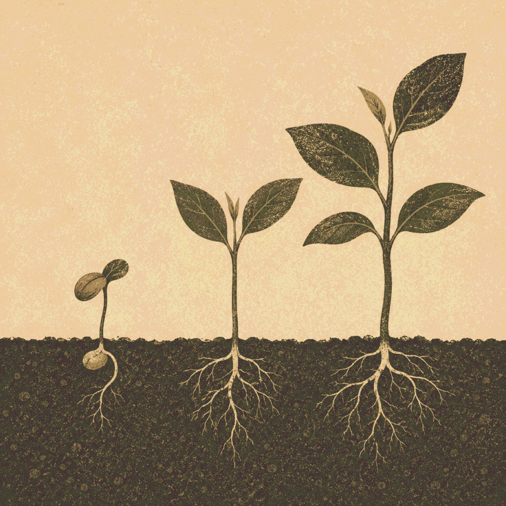 Growth and habits editorial illustration showing a botanical plant in stages of growth for Jotted Paper