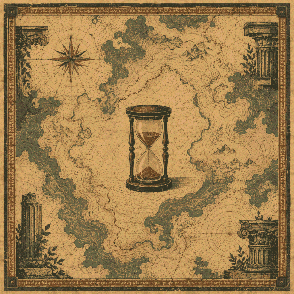 History editorial illustration showing an aged cartographic map fragment with an hourglass and architectural columns for Jotted Paper