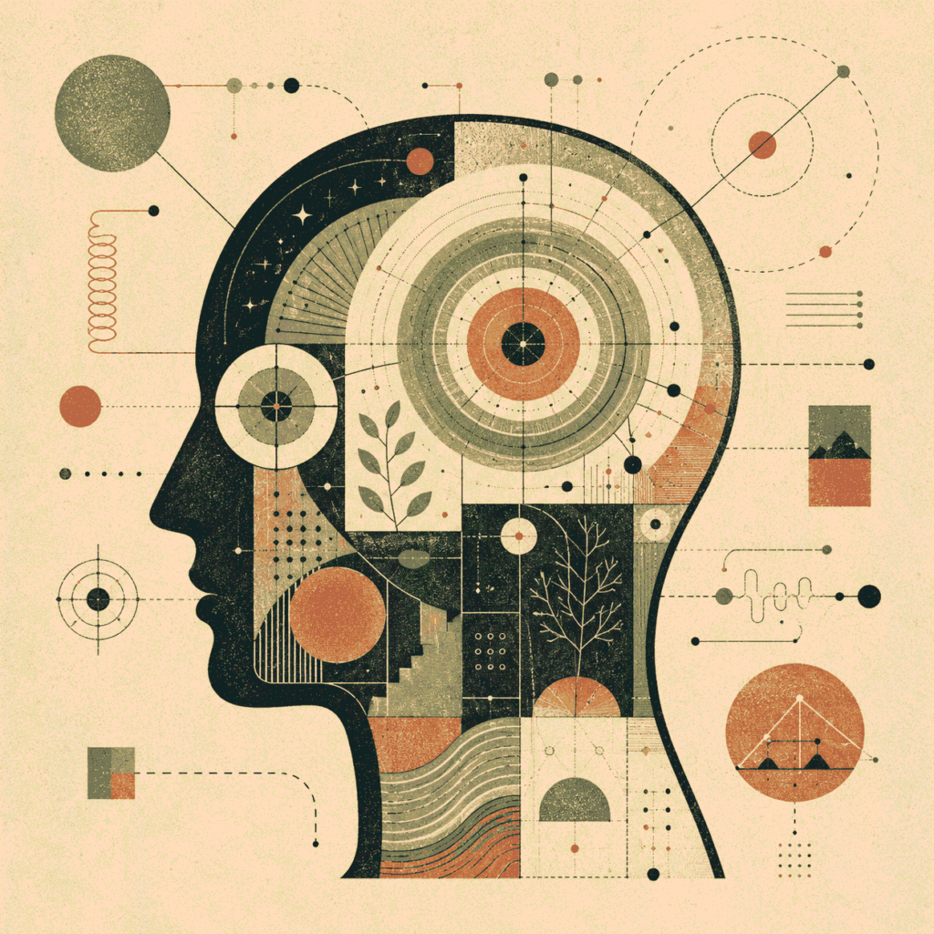 Mind and mindset editorial illustration showing a human head with geometric thought patterns for Jotted Paper