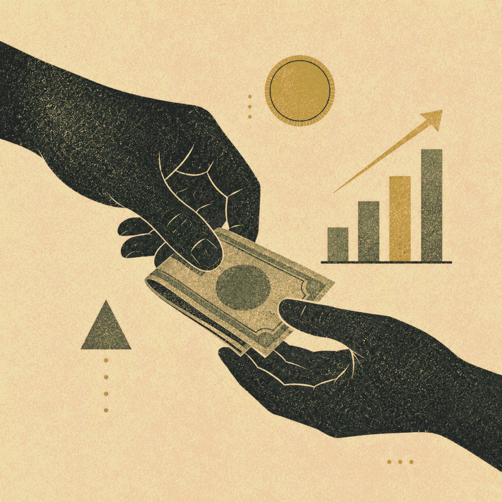 Personal finance editorial illustration showing hands exchanging currency with minimal financial symbols for Jotted Paper